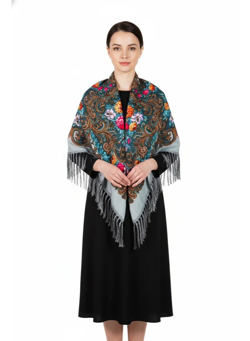 Bidani Grey Pavlovo-Style Shawl – Vintage Roses & Paisley